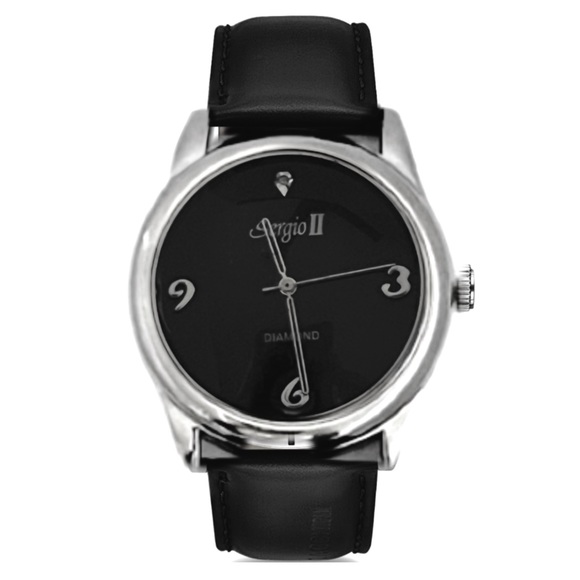 SERGIO ll • Vintage Diamond Watch Black Leather Band New Battery Ready To Wear